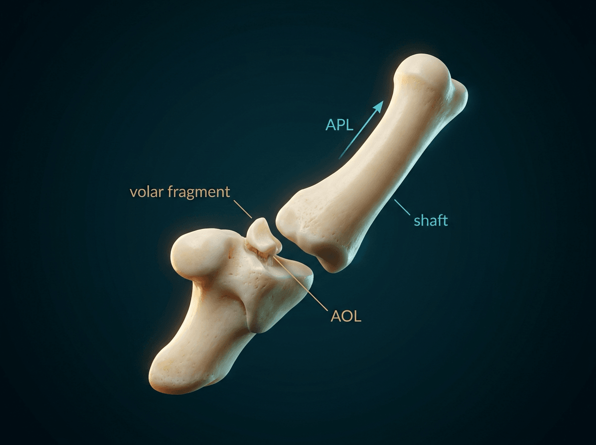 Ivory thumb CMC showing a volar-ulnar beak fragment held by the AOL while APL, adductor pollicis and EPL pull the metacarpal shaft dorsally and radially.