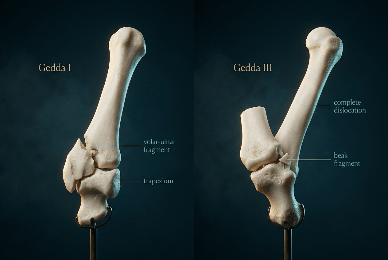Ivory first-metacarpal bases comparing a large volar Gedda I fragment with a tiny beak fragment and complete shaft dislocation in Gedda III.