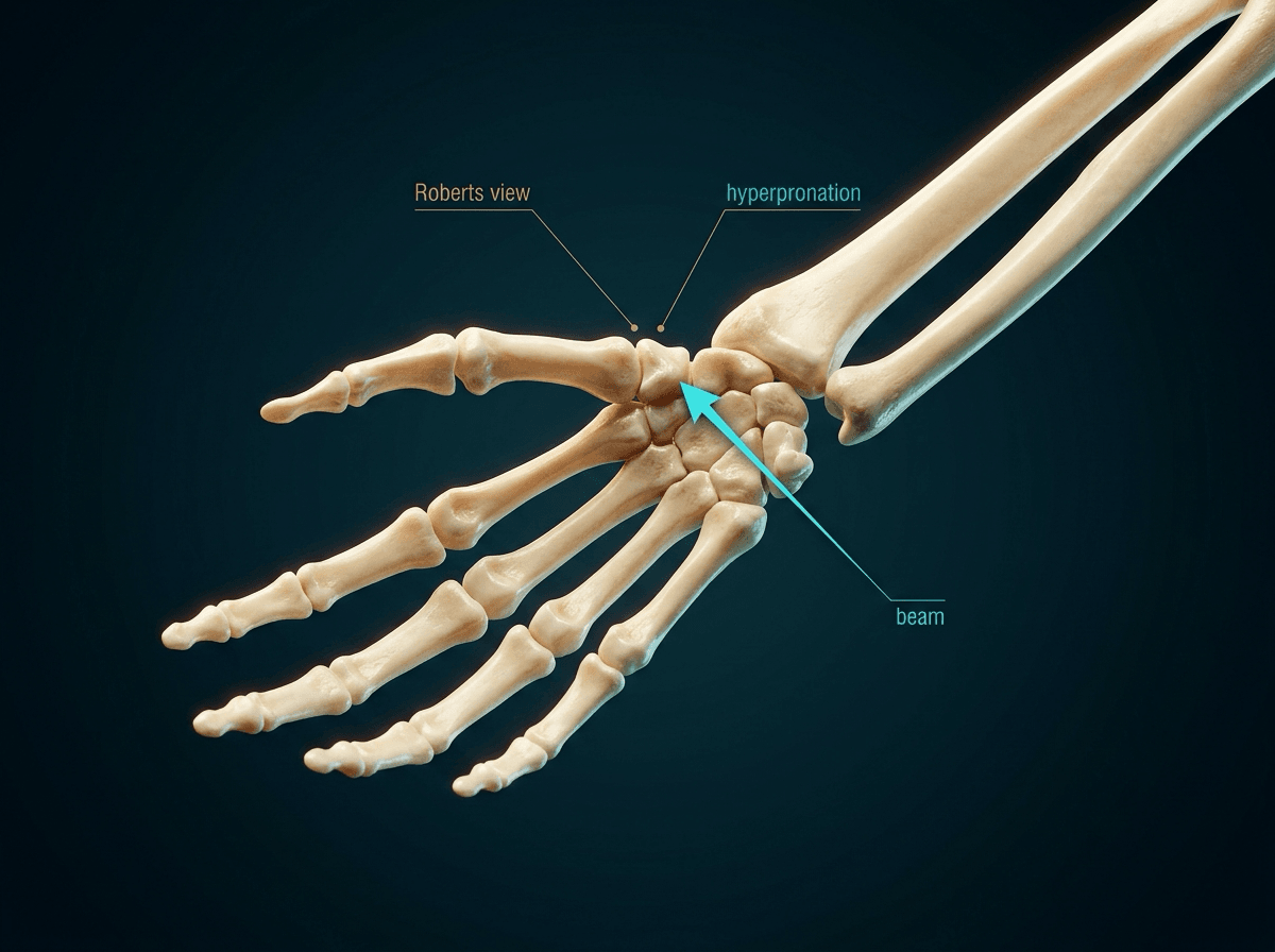 Ivory hyperpronated hand skeleton with a beam aimed at the thumb CMC for a Roberts true-AP view.