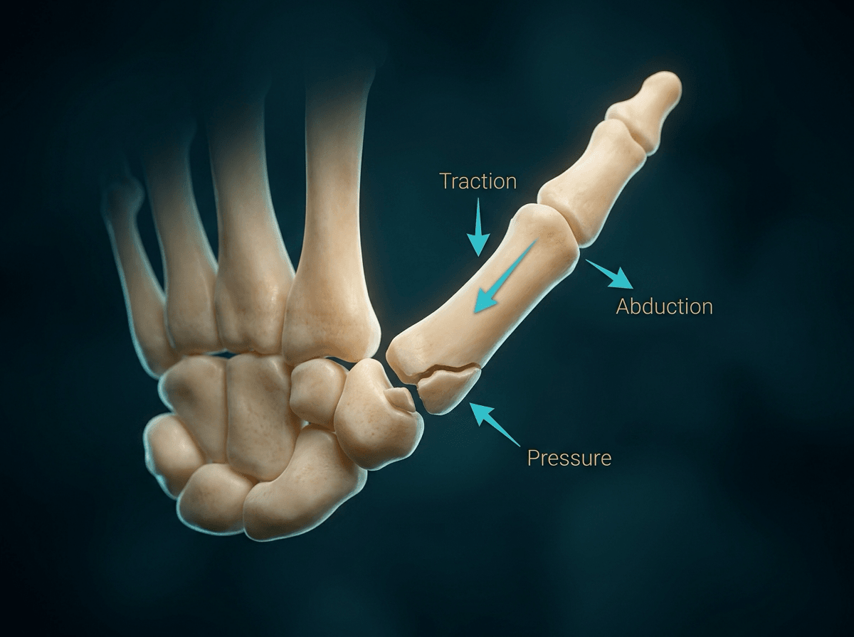 Ivory thumb metacarpal with three arrows: axial traction, abduction, and pressure on the metacarpal base (TAP reduction).