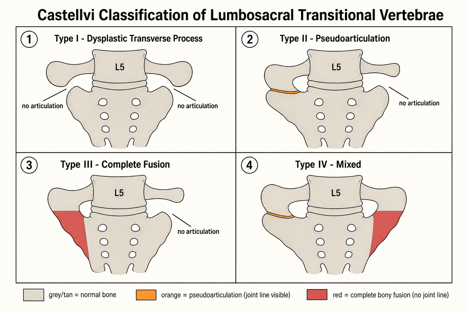 Schematic diagram of the four Castellvi classification types of lumbosacral transitional vertebra
