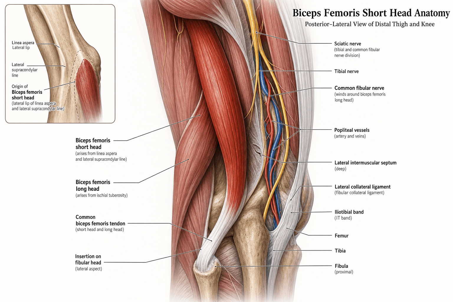 Biceps femoris short head anatomy diagram, posterolateral view of the distal thigh and knee