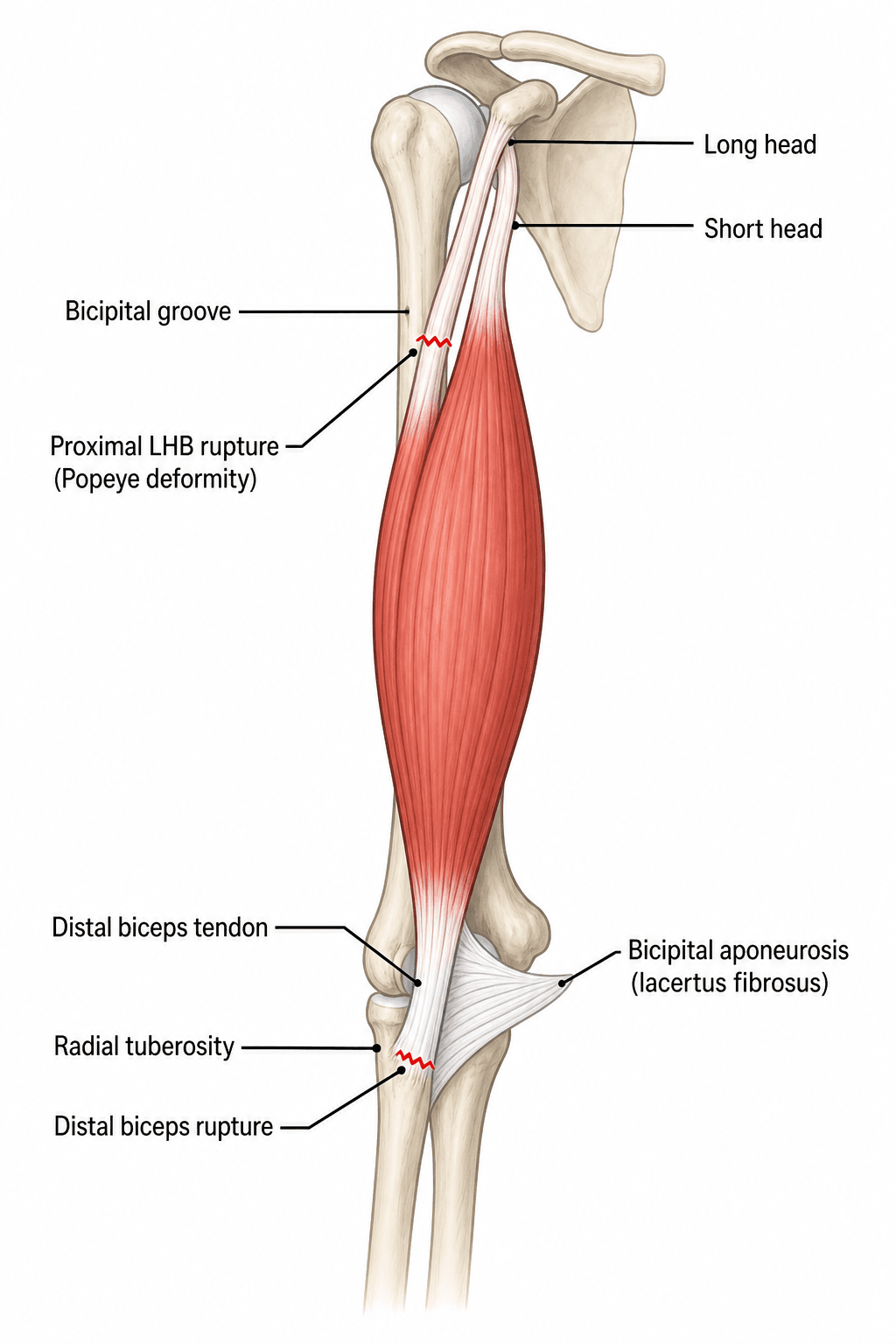 Anatomy of the biceps brachii showing the long and short heads, bicipital groove, distal insertion, and the two common rupture sites.