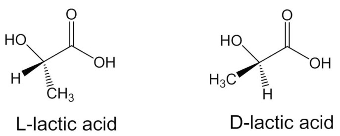 L-lactic acid and D-lactic acid enantiomer structures used in PLA stereochemistry
