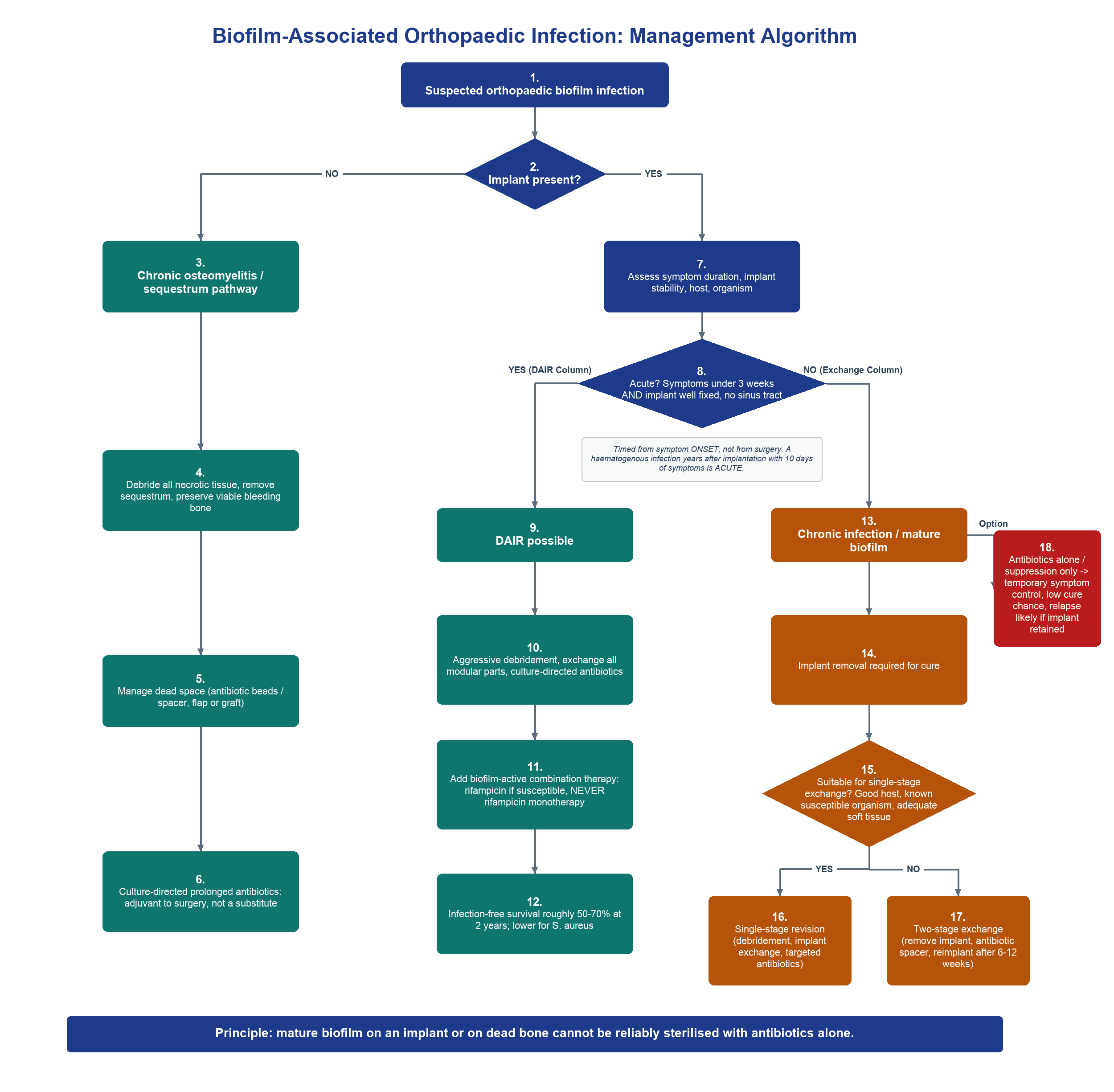 Flowchart for managing a biofilm-associated orthopaedic infection, branching first on whether an implant is present and then on symptom duration.