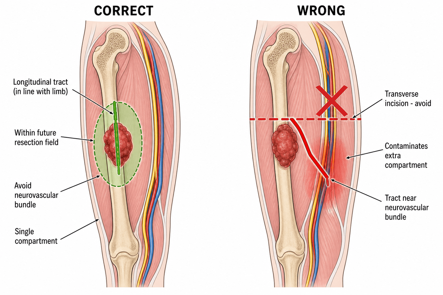 Diagram contrasting a correct longitudinal biopsy tract with a wrong transverse, contaminating tract for a limb tumour