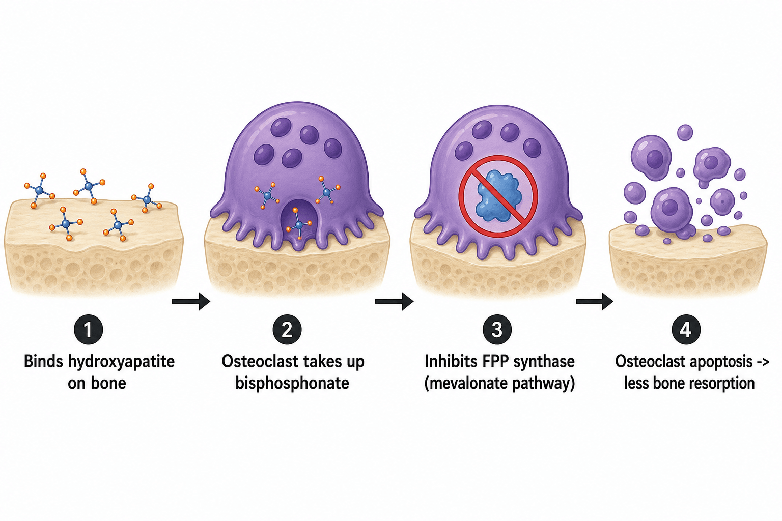 Four-step schematic of the bisphosphonate mechanism: binds hydroxyapatite, osteoclast uptake, FPP synthase inhibition in the mevalonate pathway, osteoclast apoptosis and reduced bone resorption.
