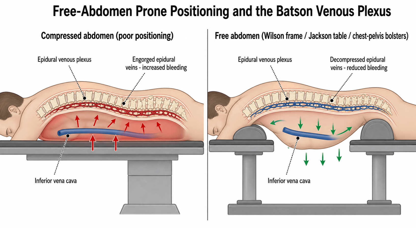 Two-panel diagram of prone positioning: a compressed abdomen engorges the epidural venous plexus and increases bleeding, while a free abdomen (Wilson frame/Jackson table/bolsters) decompresses the plexus and reduces bleeding