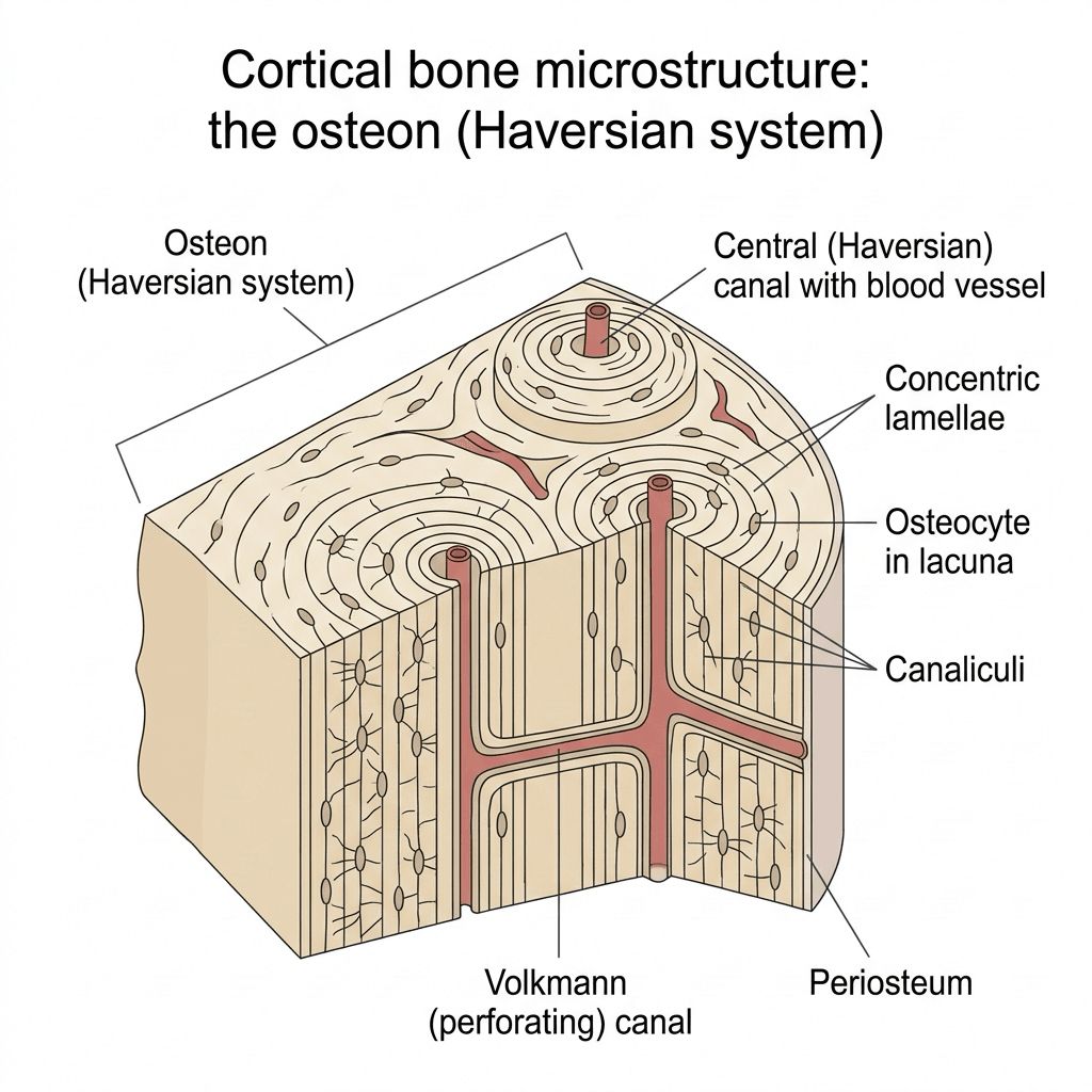 Diagram of the osteon (Haversian system) showing the central canal, concentric lamellae, osteocytes in lacunae, canaliculi, Volkmann canal and periosteum