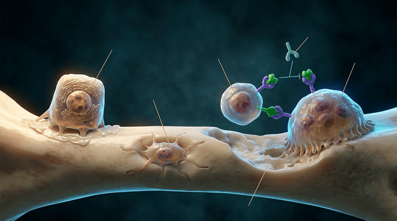 Illustration of the bone-surface microenvironment: an osteoblast-lineage cell and an embedded osteocyte on the left, and on the right a mononuclear osteoclast precursor whose surface receptors are engaged, a Y-shaped decoy molecule blocking one of those interactions, and a multinucleated osteoclast with a ruffled border over a resorption lacuna.
