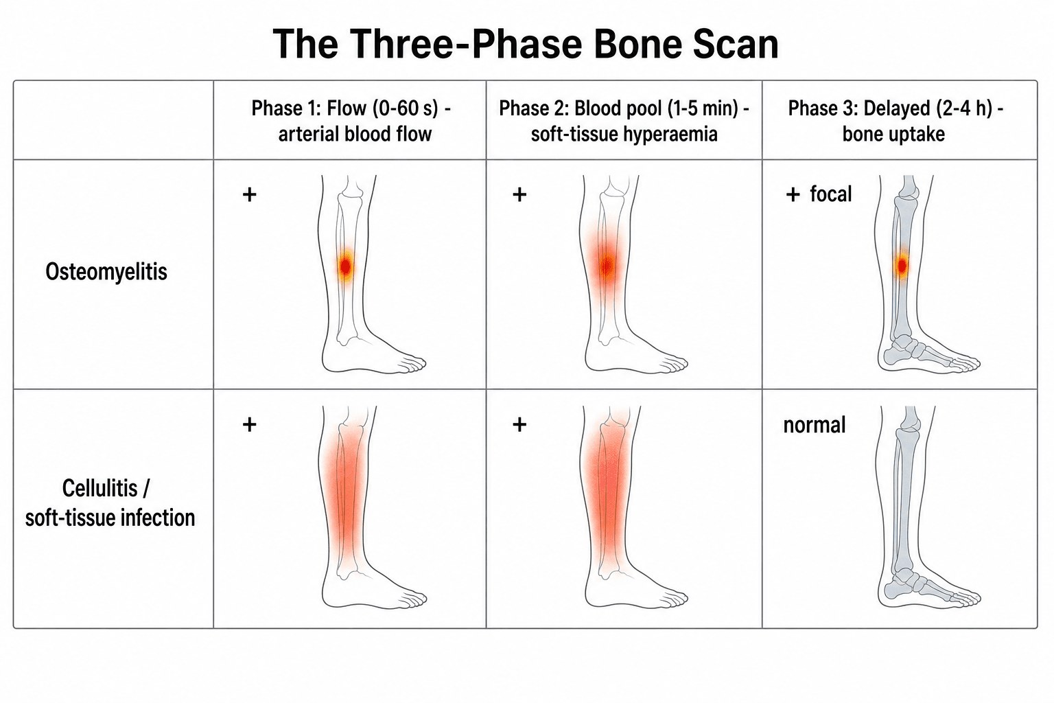 Diagram of the three-phase bone scan comparing osteomyelitis (positive on all three phases with focal bone uptake) and cellulitis (positive on flow and blood pool but normal bone phase).
