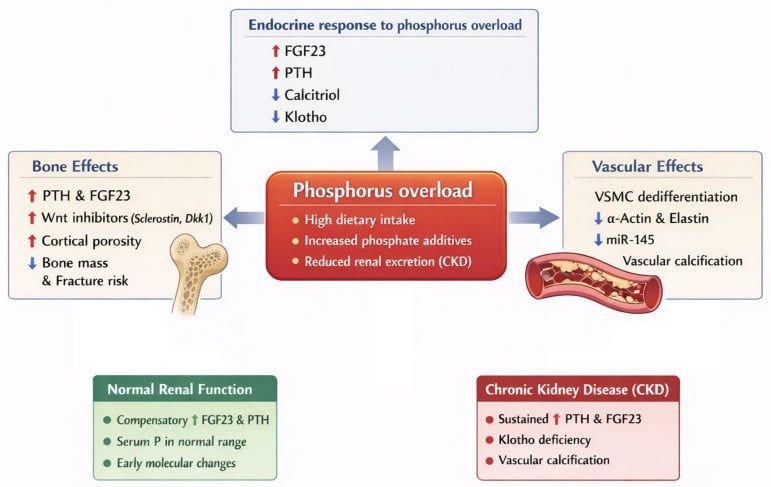 Diagram of phosphorus overload from dietary intake, phosphate additives and reduced renal excretion in chronic kidney disease, with endocrine response (FGF23 and PTH raised, calcitriol and Klotho reduced), bone effects including raised sclerostin and Dkk1 and cortical porosity, and vascular calcification