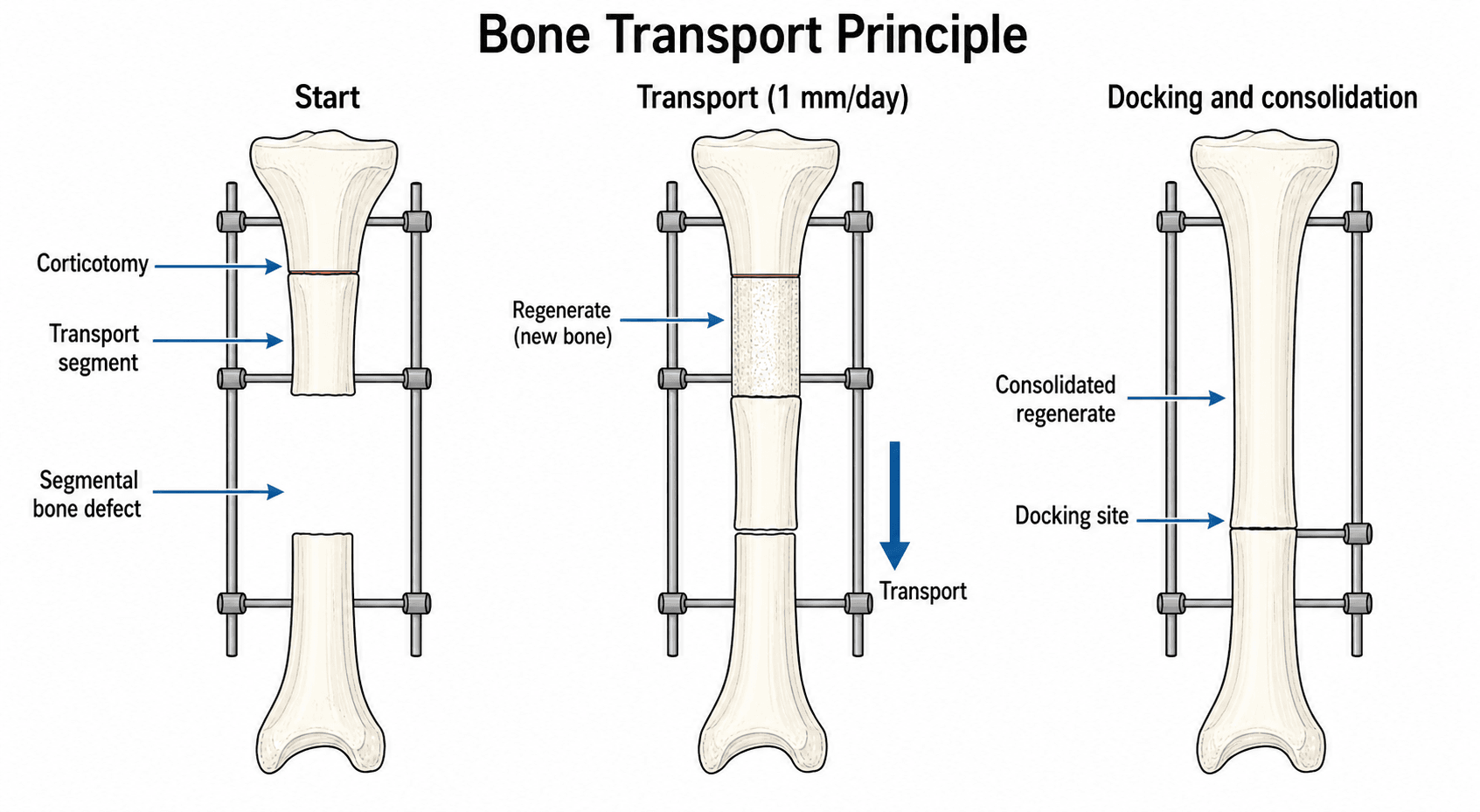 Three-stage diagram of bone transport: corticotomy creating a transport segment, the segment advancing across a segmental defect while regenerate forms behind it, and docking with consolidated regenerate.