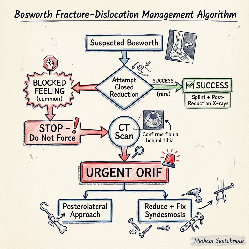 Bosworth fracture-dislocation management algorithm flowchart showing decision pathway from suspected injury through urgent ORIF