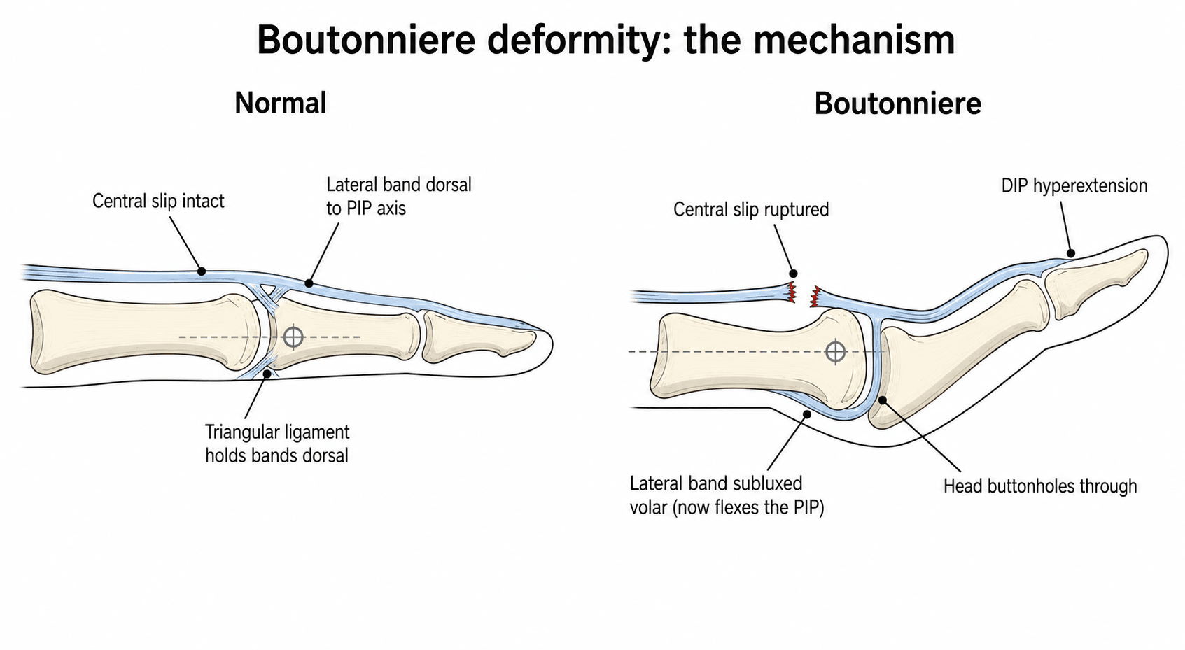 Two-panel sagittal finger schematic contrasting normal extensor anatomy with a boutonniere deformity: ruptured central slip, lateral bands subluxed volar to the PIP axis, PIP flexion and DIP hyperextension.