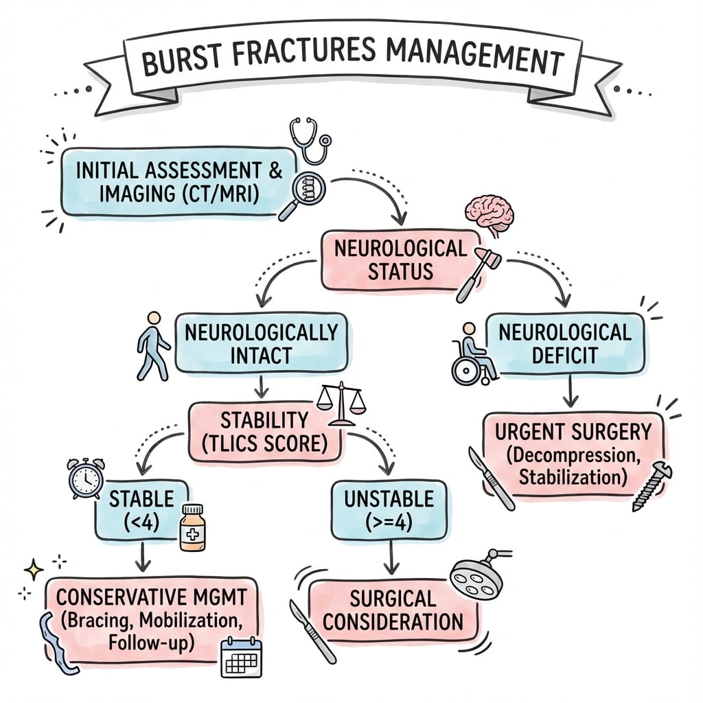 Management algorithm flowchart for thoracolumbar burst fractures