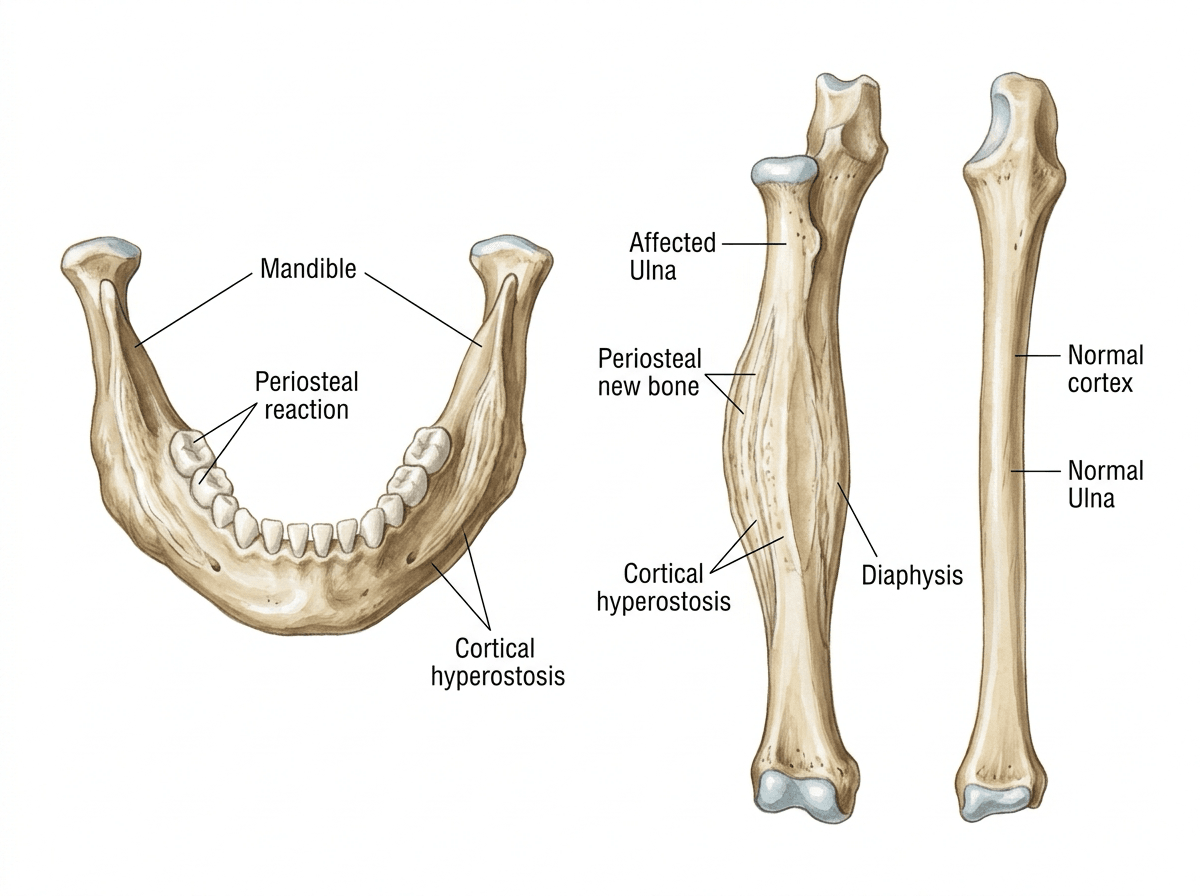 Illustration of Caffey disease showing periosteal new bone and cortical hyperostosis on the mandible and an affected ulna versus a normal bone.