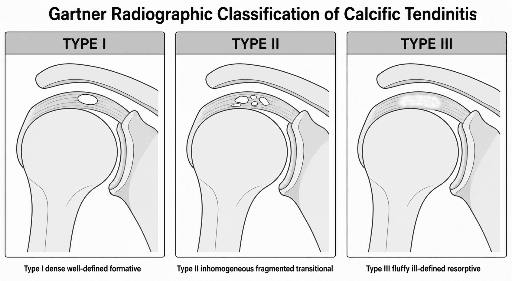 Three-panel schematic of the Gartner radiographic classification of calcific tendinitis: Type I dense well-defined deposit, Type II inhomogeneous fragmented deposit, and Type III fluffy ill-defined deposit, each shown in the supraspinatus tendon of a shoulder outline.