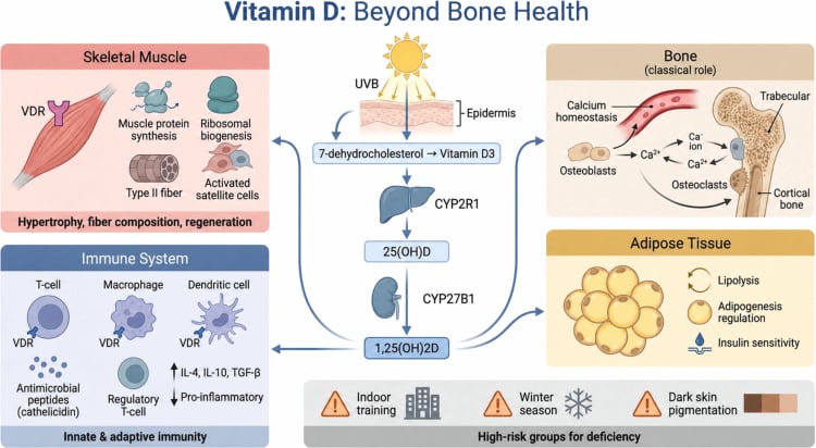 Diagram of the vitamin D synthesis pathway from skin through liver and kidney with its target tissues
