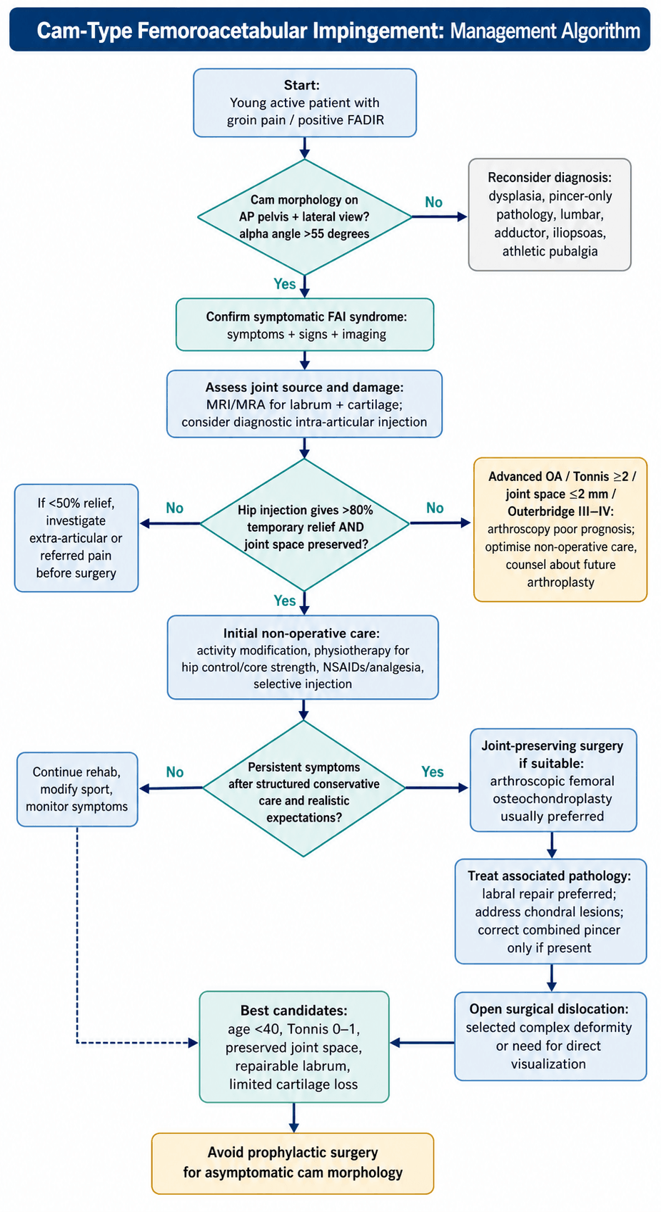 Flowchart for the assessment and management of cam-type femoroacetabular impingement