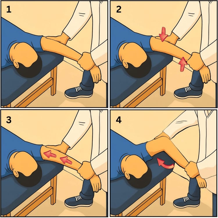 Four-panel illustration of the lateral pivot-shift test sequence: extension and supination, valgus stress, axial loading, then flexion