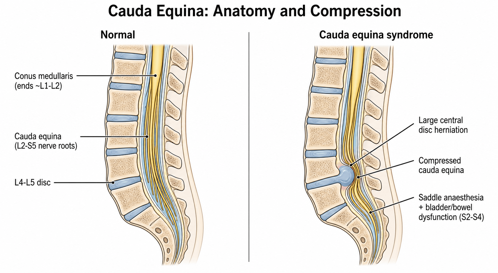 Two-panel sagittal diagram of the cauda equina: a normal spine with the conus medullaris ending at L1-L2 and the cauda equina nerve roots below, and a spine with a large central disc herniation compressing the cauda equina.