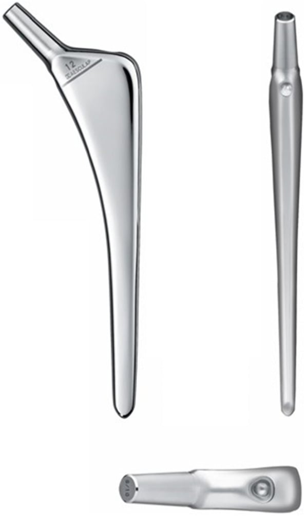 Three views of a triple-tapered polished cemented femoral stem.