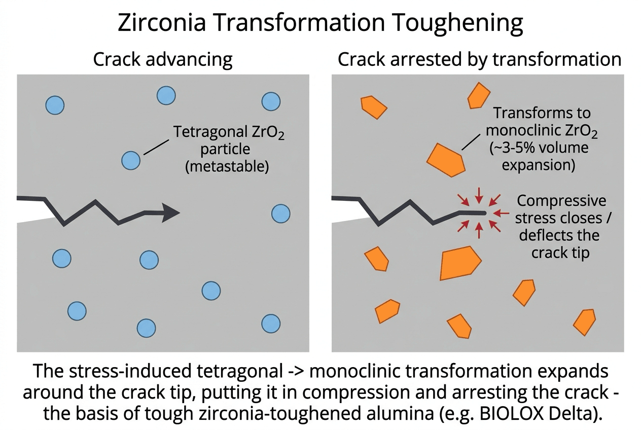 Two-panel schematic of zirconia transformation toughening: a crack advancing through a ceramic matrix, then arrested where tetragonal zirconia particles transform to monoclinic near the crack tip
