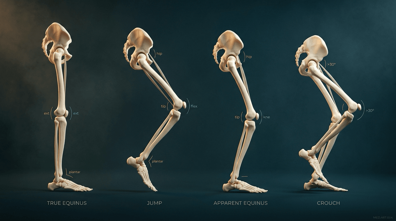 Four ivory sagittal pelvis-and-leg figures printed TRUE EQUINUS, JUMP, APPARENT EQUINUS and CROUCH, the crouch panel annotated 'over 30 degrees' at both hip and knee.