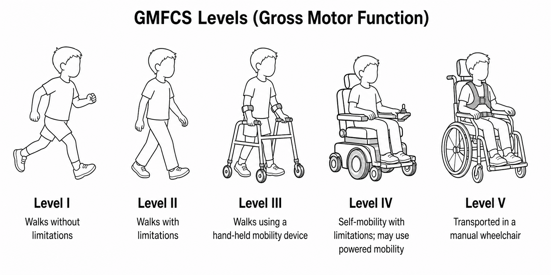 The five GMFCS levels for cerebral palsy, from independent walking at level I to a transported manual wheelchair at level V.