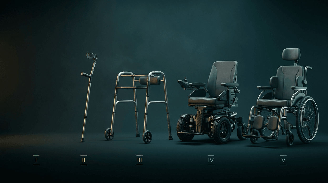Four mobility devices on a dark studio plate under the printed labels I to V, with nothing above level I: a forearm crutch at II, a wheeled walking frame at III, a powered wheelchair with joystick at IV, and a supportive manual wheelchair with headrest at V.