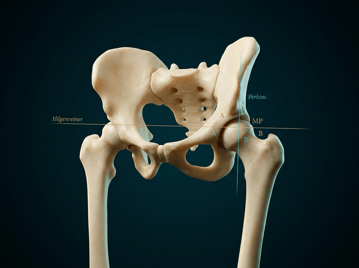 Ivory paediatric pelvis seen from the front, with a labelled Hilgenreiner line, a labelled Perkins line dropped through the femoral head on the viewer's right, and the printed letters A, B and MP at that hip.