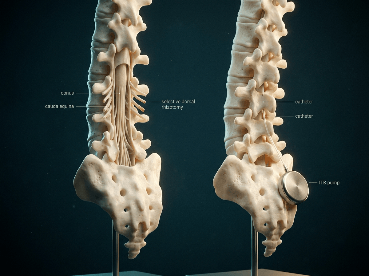Two ivory lumbosacral spines on stands: on the left the canal is opened with the conus and cauda equina labelled and dorsal rootlets cut for selective dorsal rhizotomy; on the right a labelled catheter runs to an implanted ITB pump.