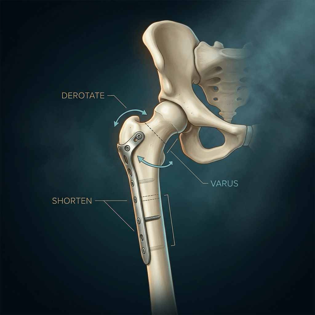 Ivory proximal femur with the printed labels DEROTATE, VARUS and SHORTEN, dashed osteotomy cuts across the neck and shaft, rotation arrows, and a side plate with screws.