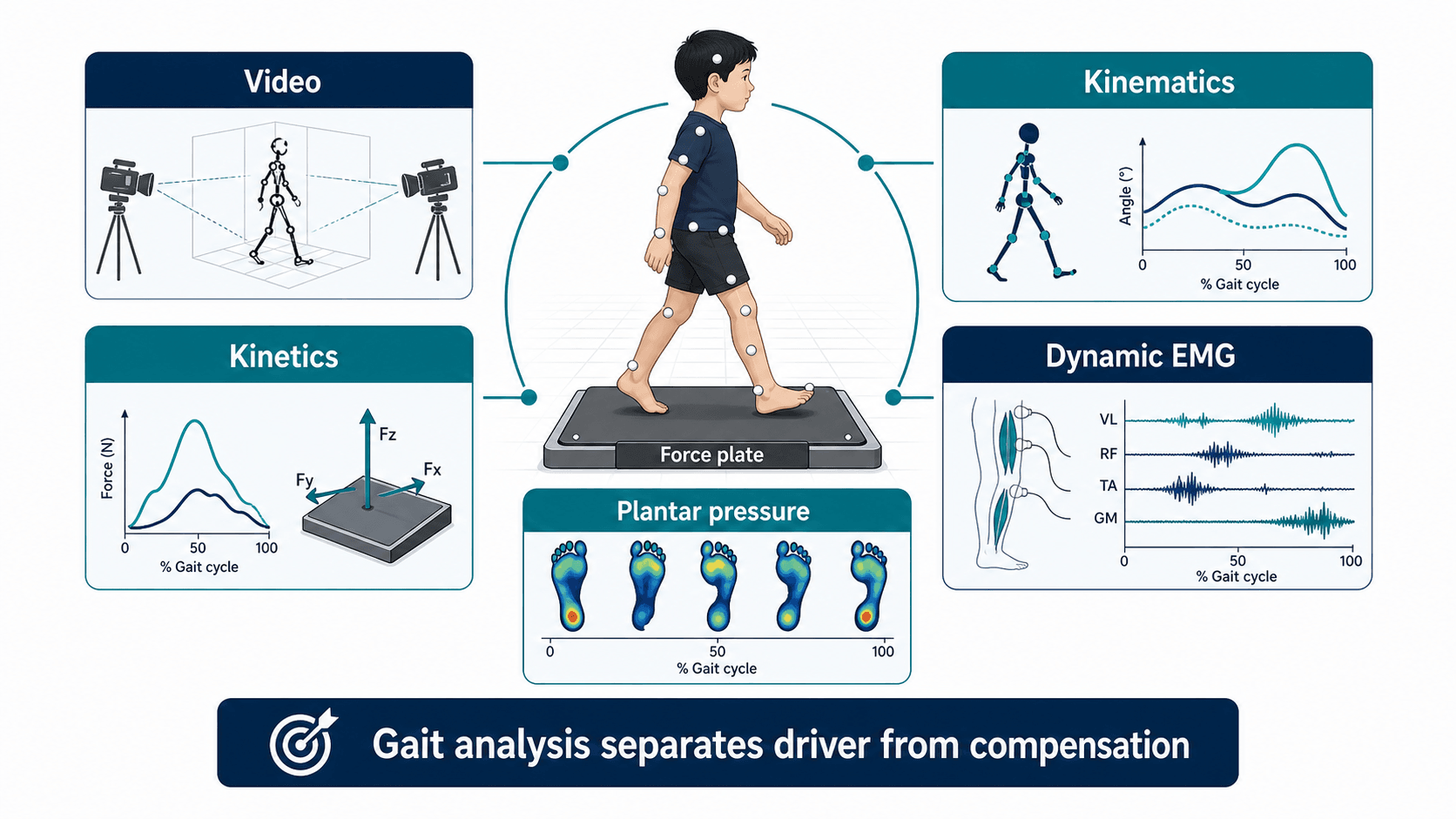 Three-dimensional gait analysis investigation components showing video imaging, kinematics, kinetics, dynamic EMG and plantar pressure