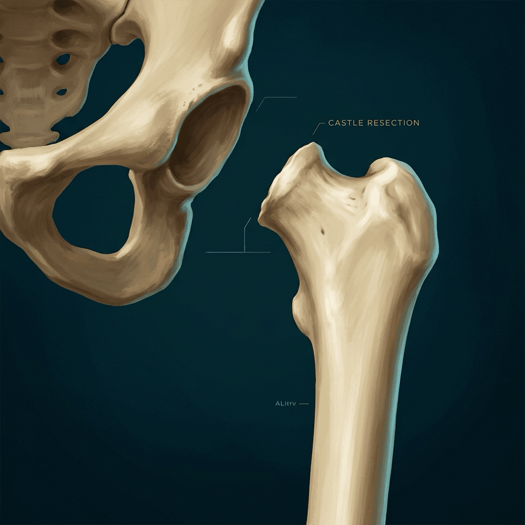 Illustration of a hemipelvis with an empty acetabulum beside a femur whose head and neck have been resected, labelled CASTLE RESECTION.