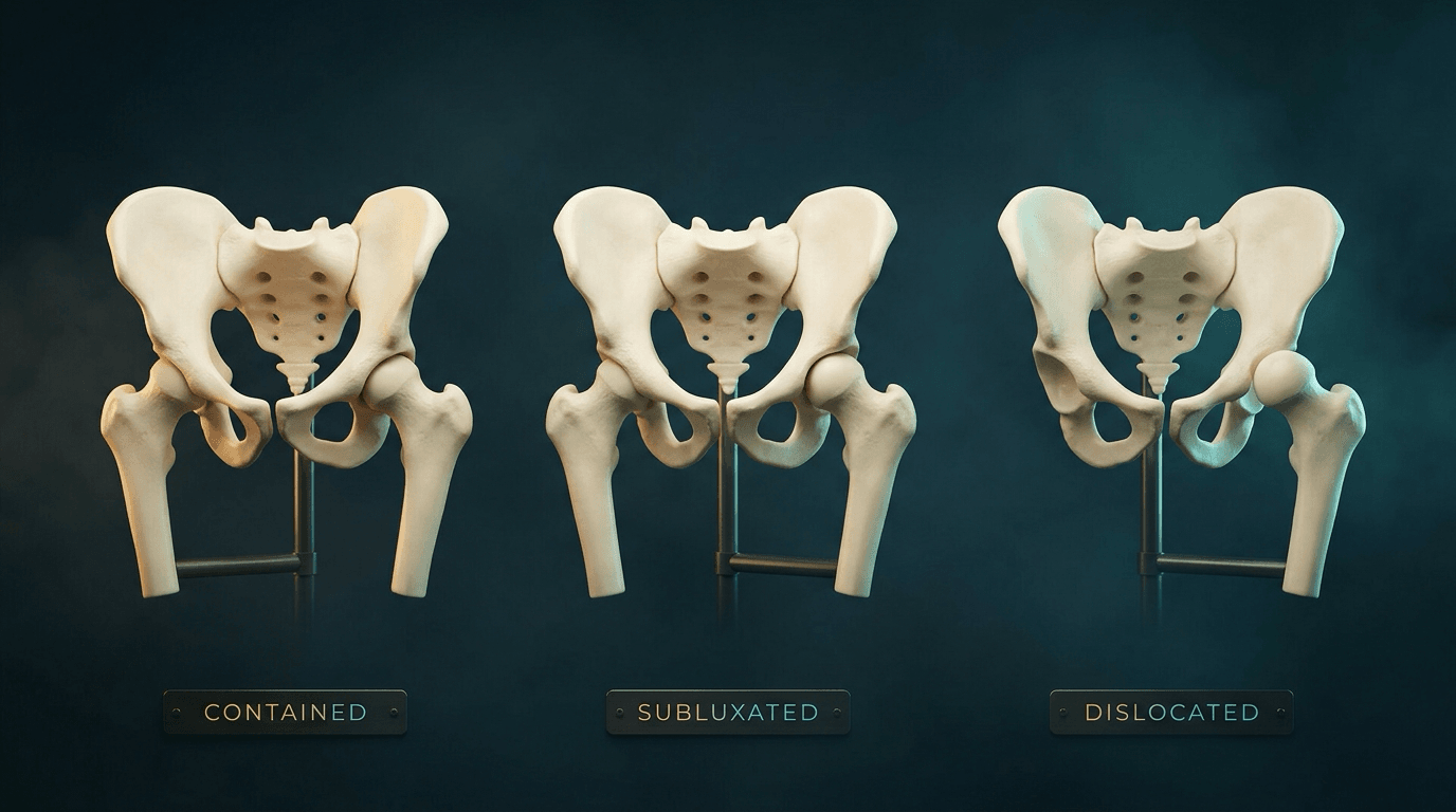 Three pelvis models labelled contained, subluxated and dislocated, the last with the femoral head lying superolateral to an empty socket.