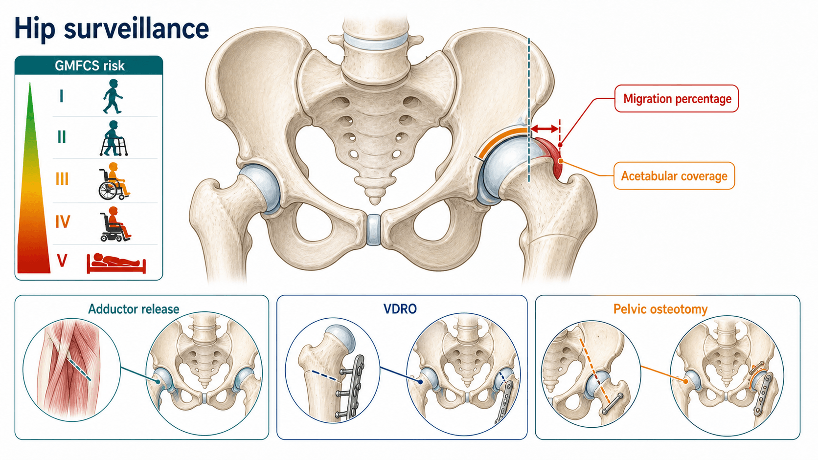 Cerebral palsy hip surveillance overview schematic showing GMFCS risk, migration percentage, acetabular coverage, adductor release, VDRO and pelvic osteotomy