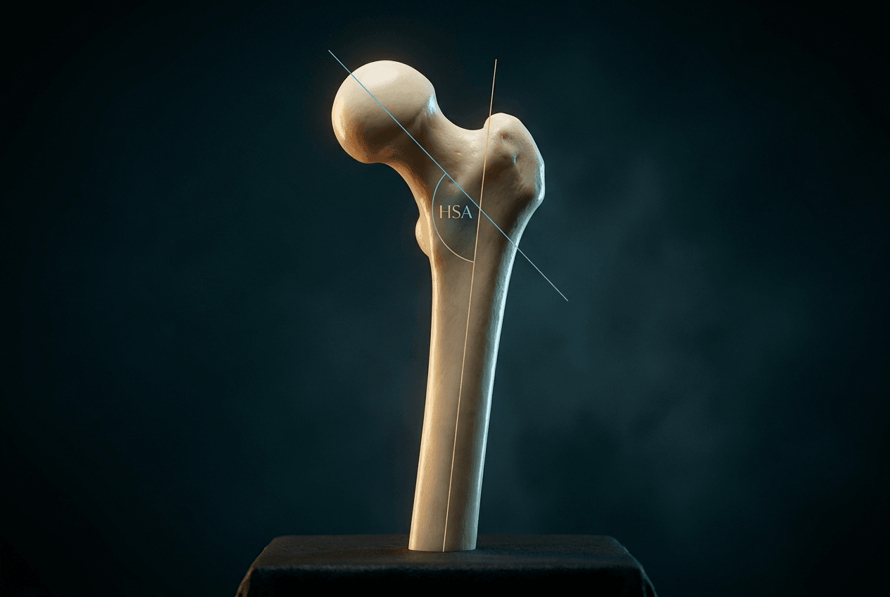 Proximal femur illustration with the femoral shaft axis and the head-neck axis drawn and the included angle labelled HSA.