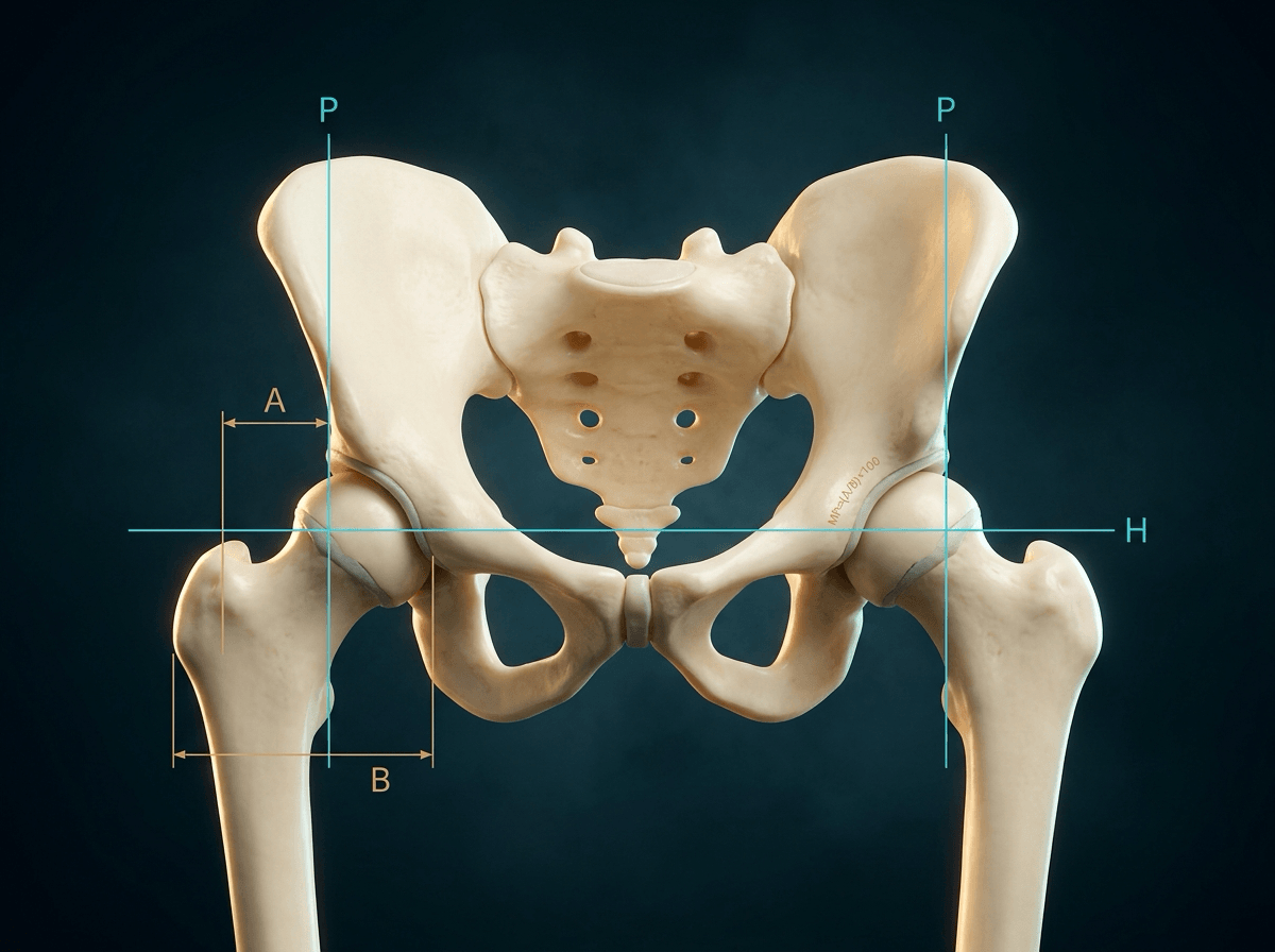 Pelvis illustration with Hilgenreiner line labelled H, vertical Perkins lines labelled P, and femoral-head widths A and B marked on the left hip.