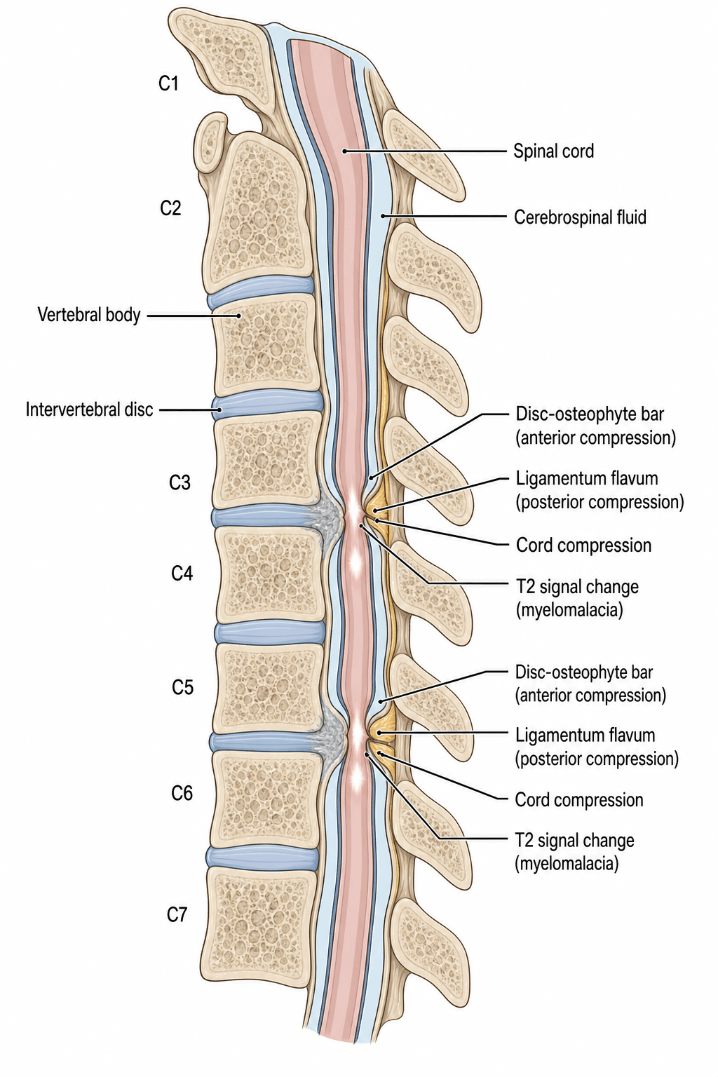 Sagittal diagram of the cervical spine showing cord compression from an anterior disc-osteophyte bar and a posterior buckled ligamentum flavum, with T2 signal change in the cord