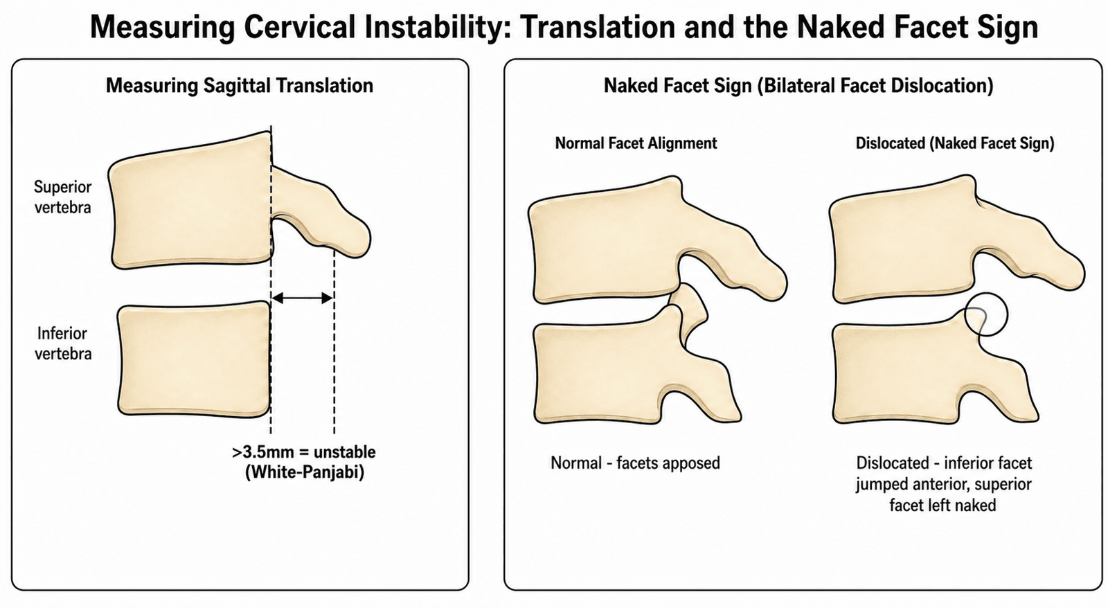 Schematic diagram showing how to measure sagittal translation on a lateral cervical radiograph and the naked facet sign of bilateral facet dislocation