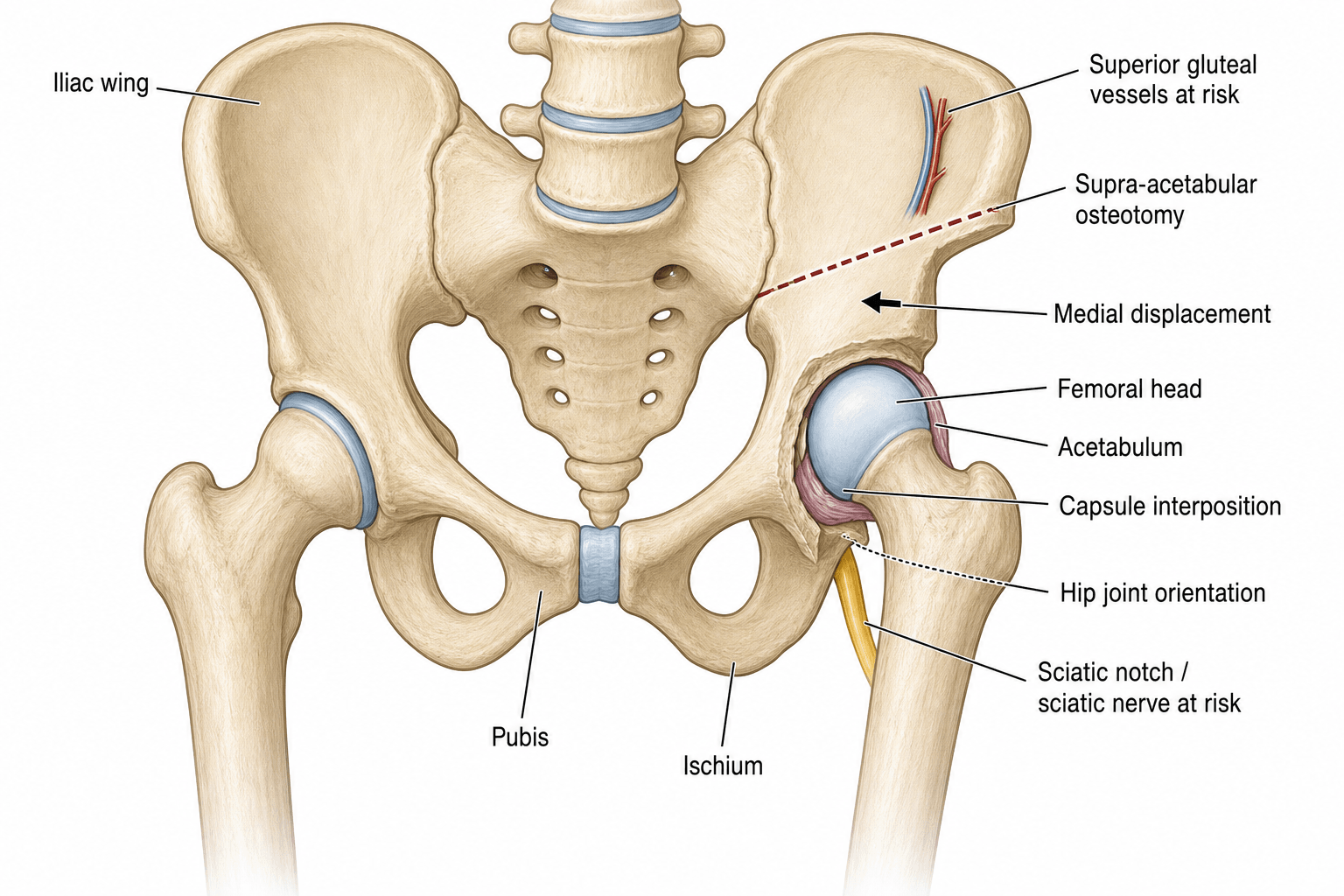 Chiari pelvic osteotomy: supra-acetabular iliac osteotomy with medial displacement for femoral head coverage