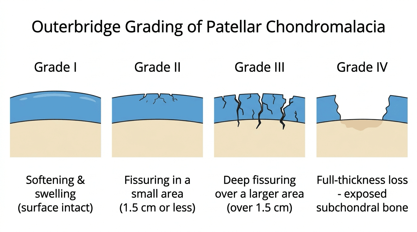 Four-panel diagram of the Outerbridge grades of patellar cartilage: softening and swelling, small-area fissuring, larger-area deep fissuring, and full-thickness loss with exposed subchondral bone