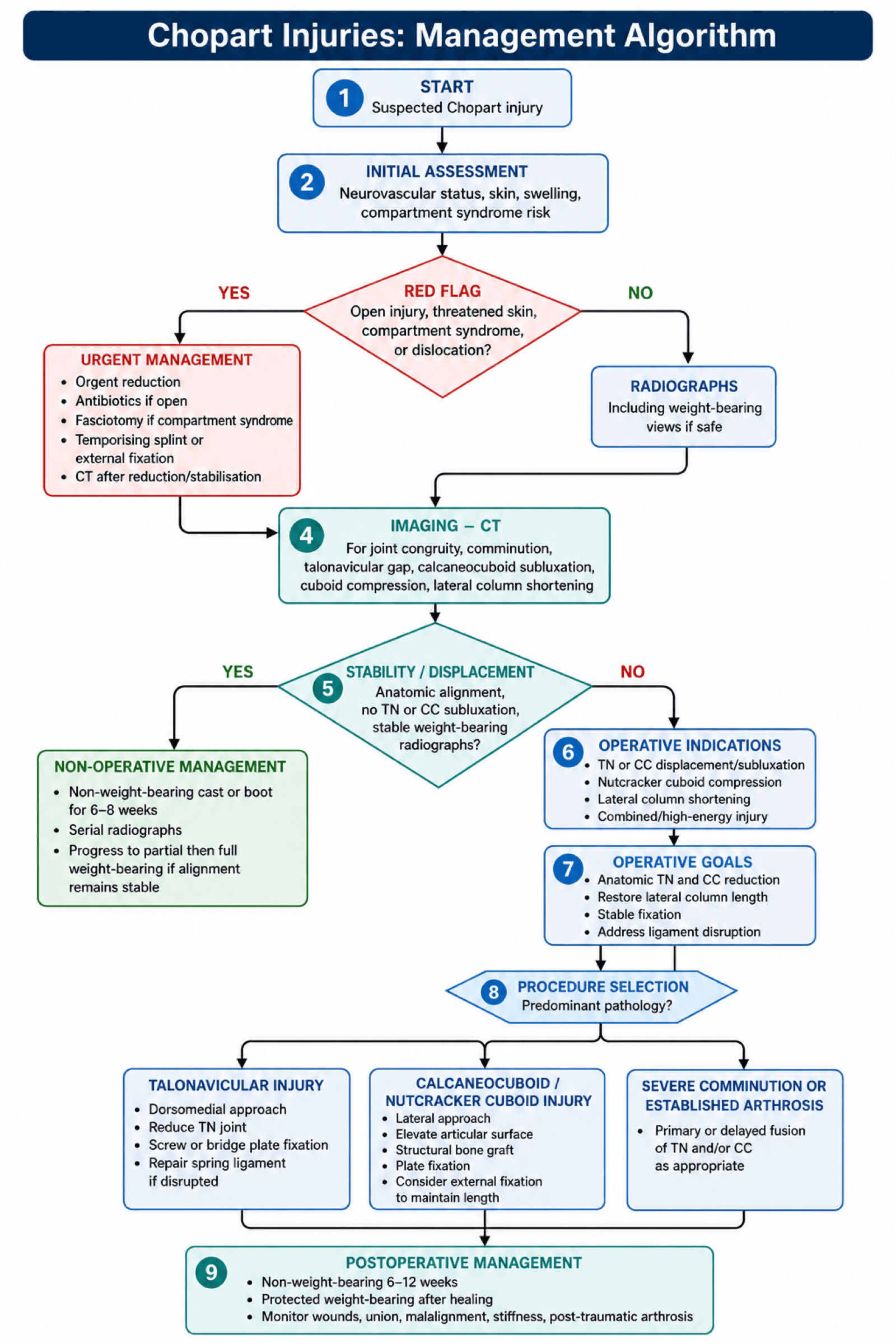 Chopart injury management algorithm: initial assessment and red-flag/urgent branch, radiographs and CT, the stability decision, and operative procedure selection by predominant pathology (talonavicular vs calcaneocuboid-nutcracker vs comminution/arthrosis).