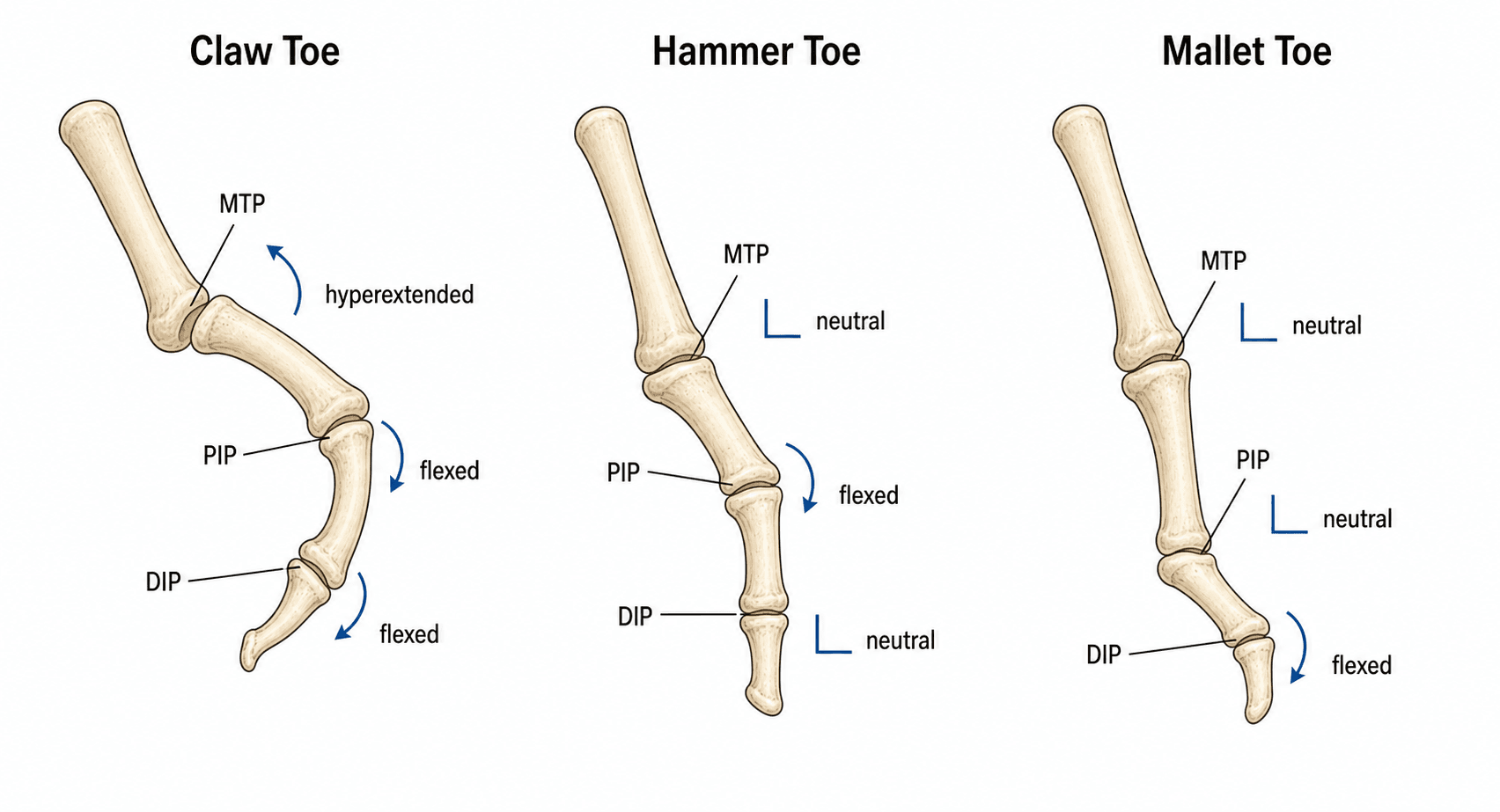 Lateral silhouette comparison of claw toe, hammer toe, and mallet toe showing which joints are hyperextended, flexed, or neutral