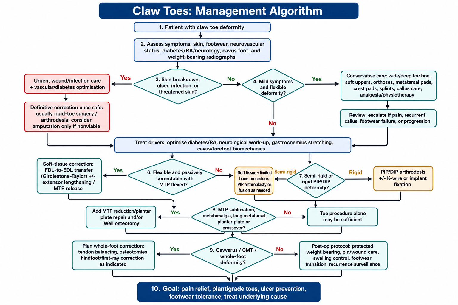 Claw toe management algorithm branching by skin breakdown, symptom severity, flexibility, MTP involvement and cavovarus/CMT deformity.