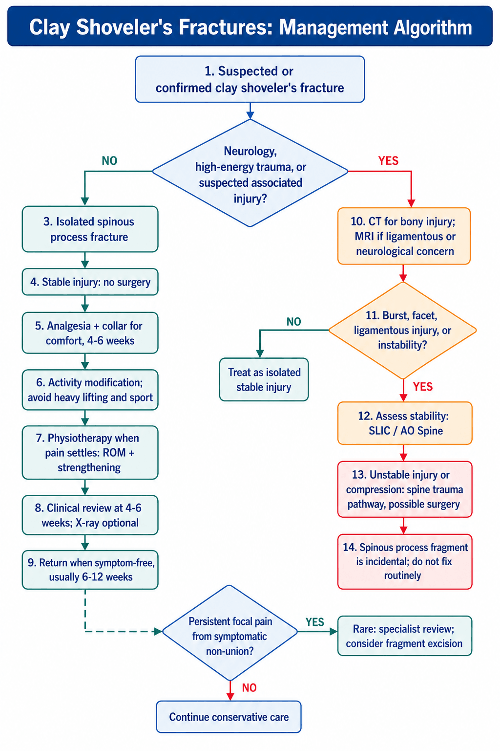 Flowchart for managing a clay-shoveler's fracture, confirming it is an isolated stable spinous-process avulsion before treating conservatively.
