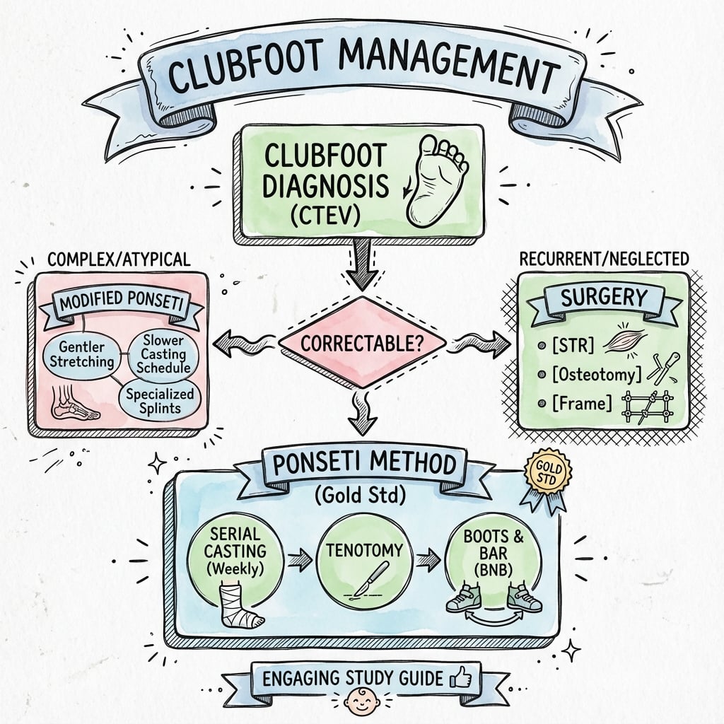 Clubfoot Ponseti management algorithm flowchart showing assessment, casting, tenotomy, and bracing protocol
