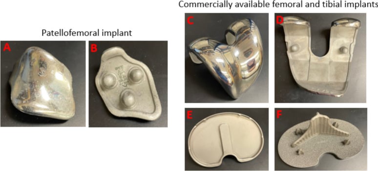 Cobalt-chromium patellofemoral, femoral and tibial knee components showing polished bearing surfaces and textured backing